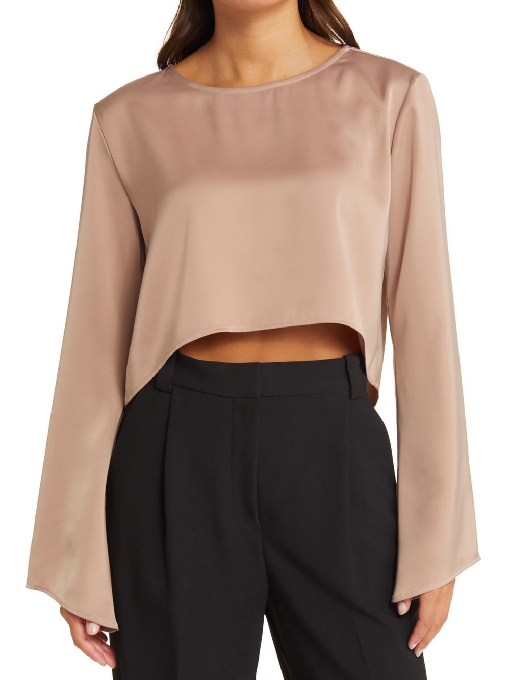 Wayf Taupe Satin Cropped Long-Sleeve Blouse